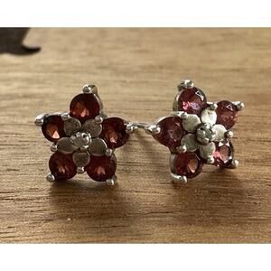Vintage Garnet Diamond Flower Ring 925 Sterling Silver RSE Floral Earrings